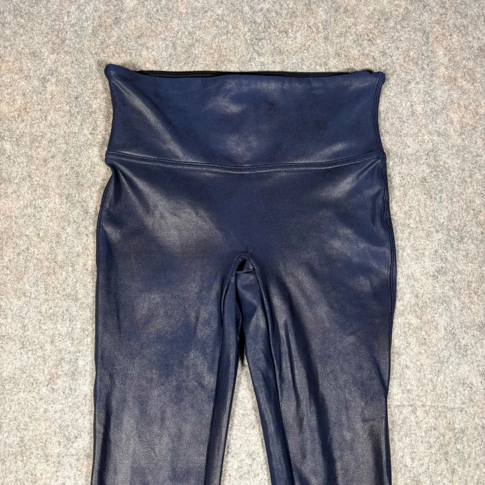 Spanx Faux Leather Leggings Womens S Navy Blue High Waist Coated Metallic Coated